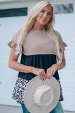 Brown Colorblock Leopard Ruffled Sleeve Babydoll Top