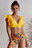 Floral Ruffled Hem High Waist Bikini Set