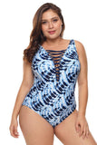 Plus Size Blue Neck Detail One Piece Swimsuit