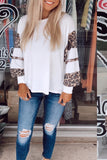 Sequins Patchwork Leopard Print White Crew Collar Long Sleeve Top