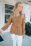 Floral Print Shirred Long Sleeve V Neck Blouse