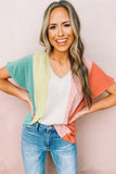 Multicolor Colorblock V Neck Short Sleeve Top