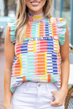 color Striped Print High Neck Flutter Top