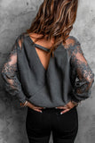Sexy V Neck Surplice Hollow-out Sweater with Lace Sleeves