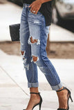 Mid Waist Straight Leg Distressed Wash Jeans