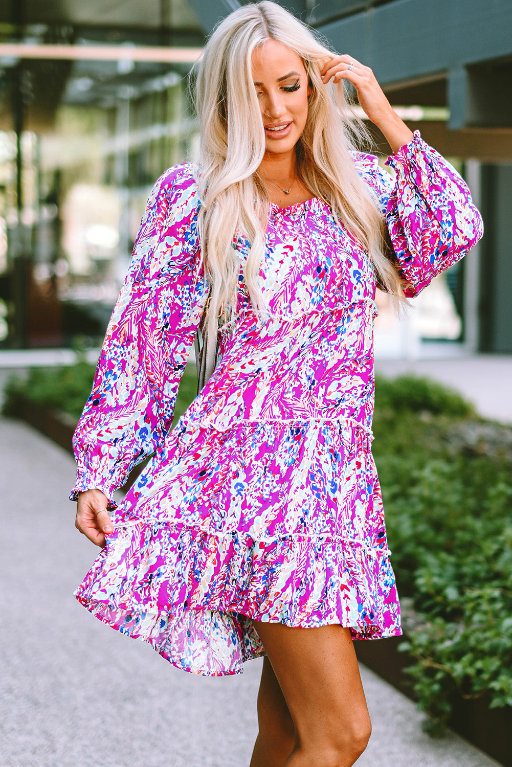Ruffled Square Neck Long Sleeve Floral Dress