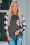 Plaid Splicing Sequined Pocket Long Sleeve Top