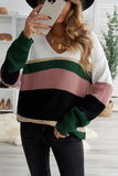 Khaki Colorblock V Neck Ribbed Knitted Sweater