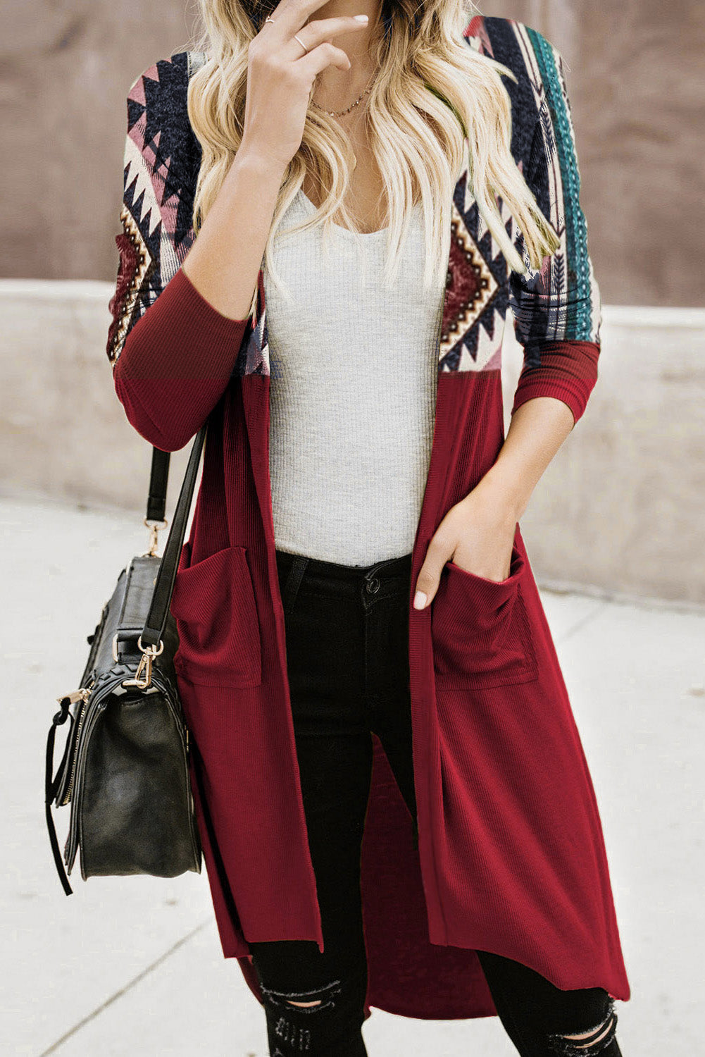 Tribal Printed Open Front Long Cardigan