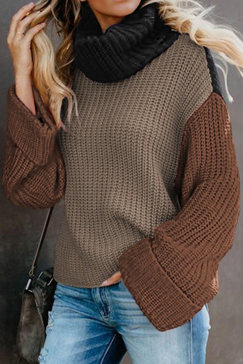 Khaki Long Sleeve Turtleneck Color Block Pullover Knit Sweater