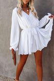 Brief Comfy Pleated Long Sleeve White Mini Dress