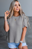 Buttons Short Sleeve Crew Neck Waffle Knit Top
