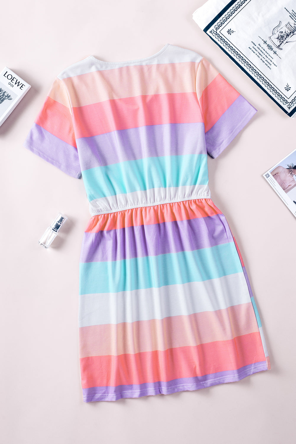 Multicolor Striped Drawstring V Neck T Shirt Dress