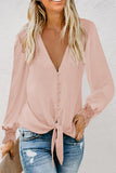 V Neck Lace Splicing Cuffs Button Knotted Blouse