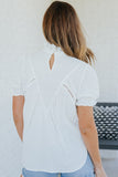 White Frilled High Neck Eyelet Pattern Puff Sleeve Top