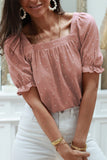 Square Neck Dotted Print Puff Sleeve Blouse with Tie Back