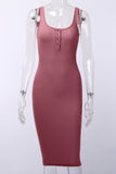 Pink Sleeveless Buttons Ribbed Knit Bodycon Dress