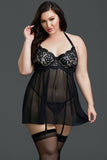 Plus Size Black Mesh & Venice Embroidery Lace Babydoll