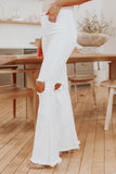 White Distressed Hollow-out Knee Frayed Flare Jeans