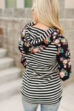 Striped Floral Print Long Sleeve Zipper Hoodie
