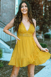 Yellow Lace Splicing Criss Cross Lace-up V Neck Cami Dress