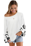 Leopard Splicing Waffle Knit Puff Sleeve Blouse