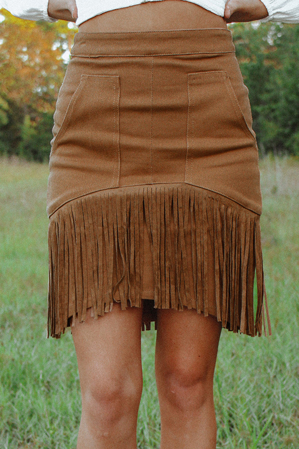 Brown Tassel Zipped Pockets High Waist Mini Skirt