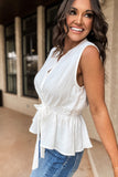 Split Neck Drawstring Waist Sleeveless Shirt