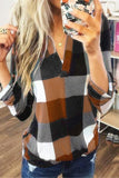 Contrast Plaid V Neck Long Sleeve Top