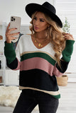 Khaki Colorblock V Neck Ribbed Knitted Sweater