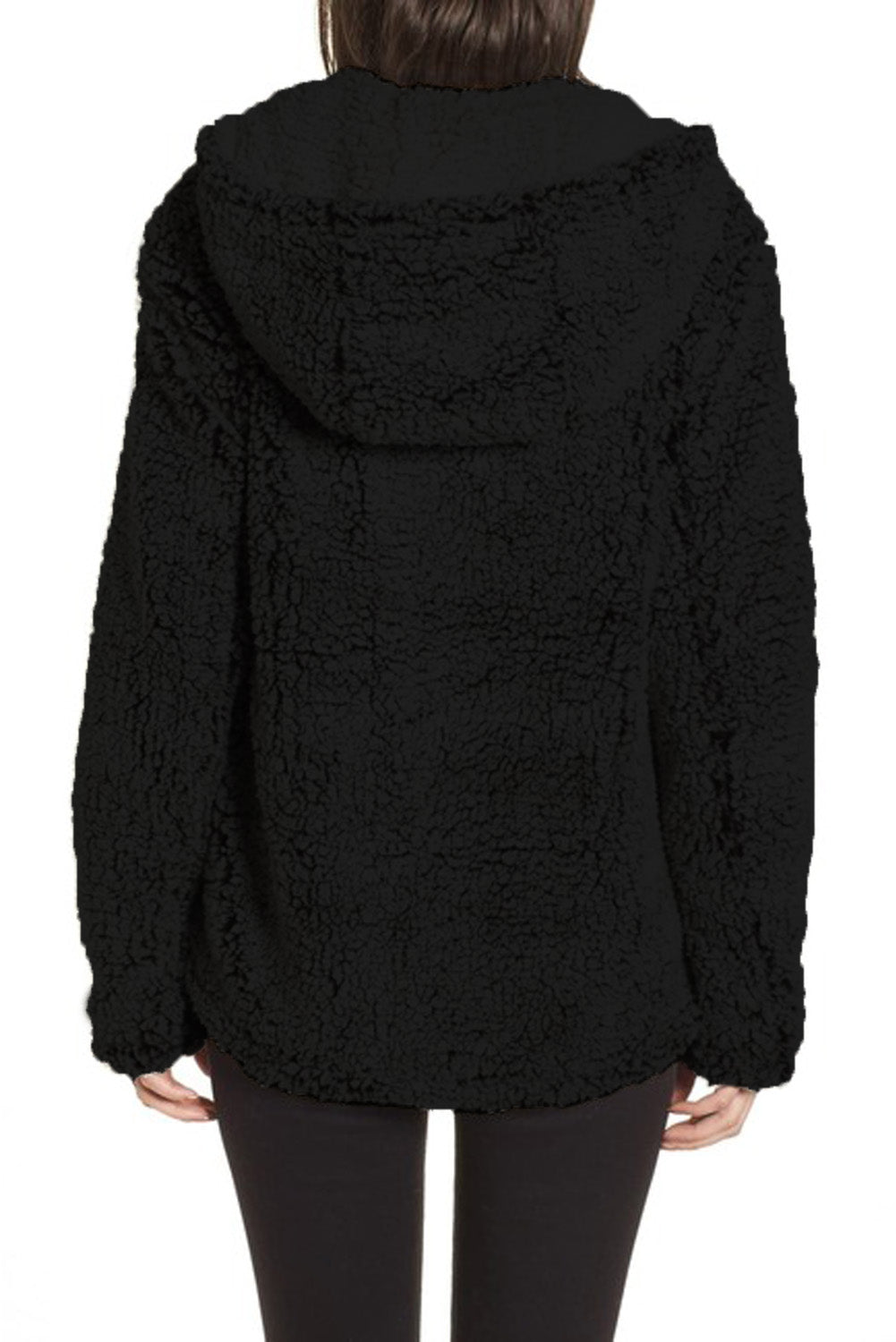 Khaki Zipper Hooded Faux Fleece Solid Color Jacket