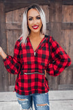 Buffalo Plaid Zipped Front Pocketed Hoodie