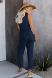 V Neck Button Belted Jumpsuit with Pockets