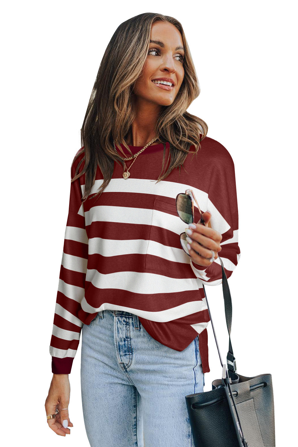 Stripe Striped Print Pocketed Long Sleeve Top with Slits