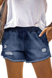 Elastic Waist Distressed Raw Hem Denim Shorts