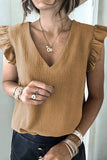 Khaki Ruffled Sleeve V Neck Top