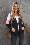 Khaki Color Block Zip Up Kangaroo Pocket Drawstring Hoodie