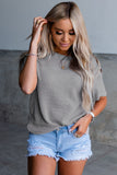 Buttons Short Sleeve Crew Neck Waffle Knit Top