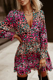 Rose Deep V Neck Cinched Waist Leopard Dress