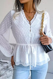 Swiss Dot Buttoned Drawstring Peplum Blouse