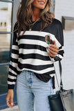 Stripe Striped Print Pocketed Long Sleeve Top with Slits