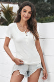 Scoop Neck Buttoned Front Ribbed Knit Short Sleeve Top