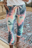 Dark Blue Tie-dye Color Block Drawstring Pants