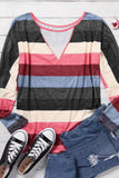 color Striped Mesh Splicing Round Neck Long Sleeve Top