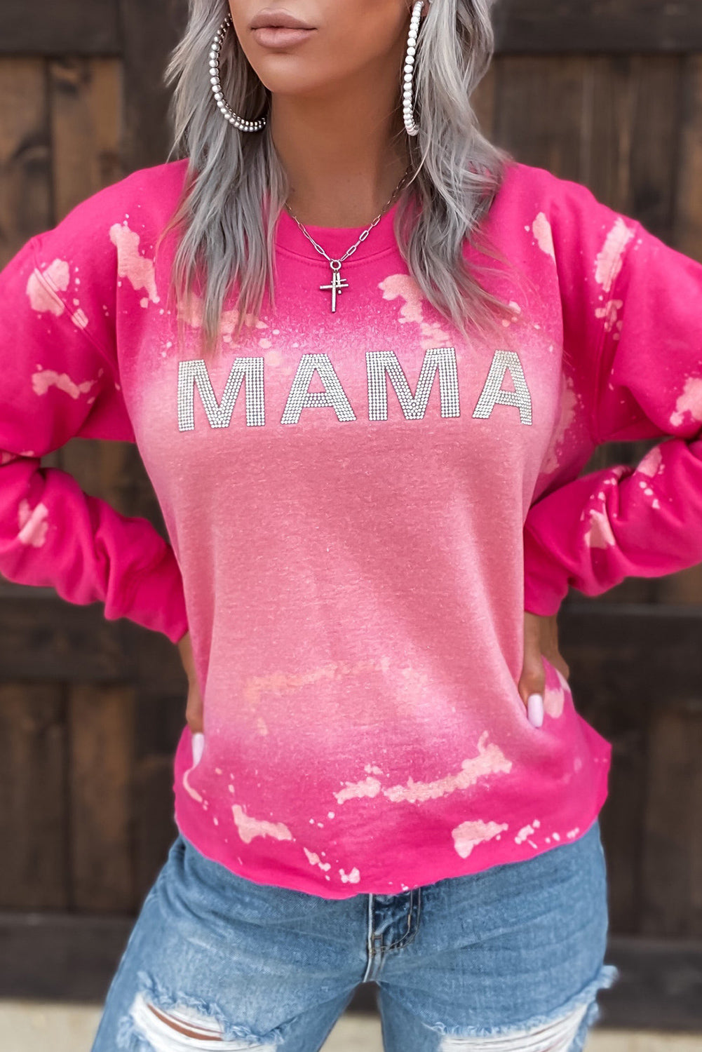 Mama Rhinestone Letter Graphic Tie Dye Pullover