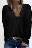 Solid Color Lace V Neck Long Sleeve Top