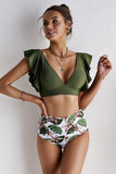 Floral Ruffled Hem High Waist Bikini Set
