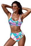 U-neckline High Waist Tropical Bikini