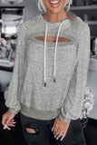 Gray Ribbed Trim Cut-out Bust Drawstring Hoodie