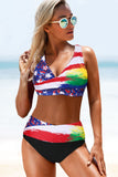 Contrast Color Block Print Wrap V Neck Lace-up Back Bikini